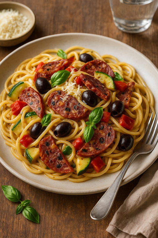 Mediterrane Pasta mit Salami, Sonnentomate & schwarzen Oliven