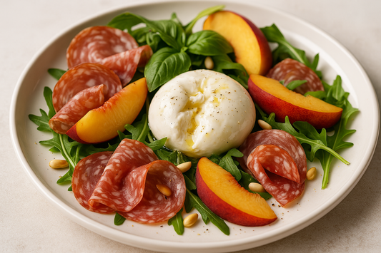 Mediterraner Salat mit Fenchelsalami, Burrata & Pfirsich