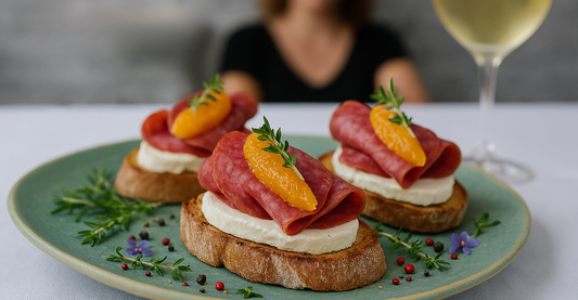 Orangen-Szechuan-Salami-Crostini mit karamellisierter Orange & Ziegenkäsecreme