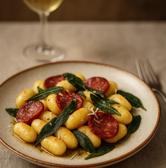 Teller mit Milano-Salbei, Gnocchi und Salbei. Im Hintergrund ein Glas Weißwein