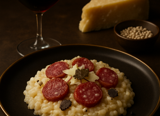 Trüffelsalami-Risotto mit Parmesan & weißem Pfeffer