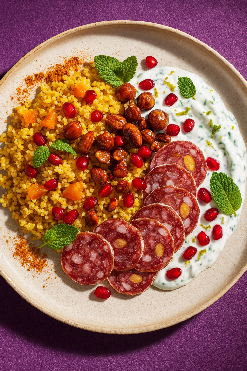 Orientalische Genuss-Plate: Salami Ras el Hanout & Mandel mit warmem Aprikosen-Couscous, Minz-Joghurt & Honig-Haselnüssen