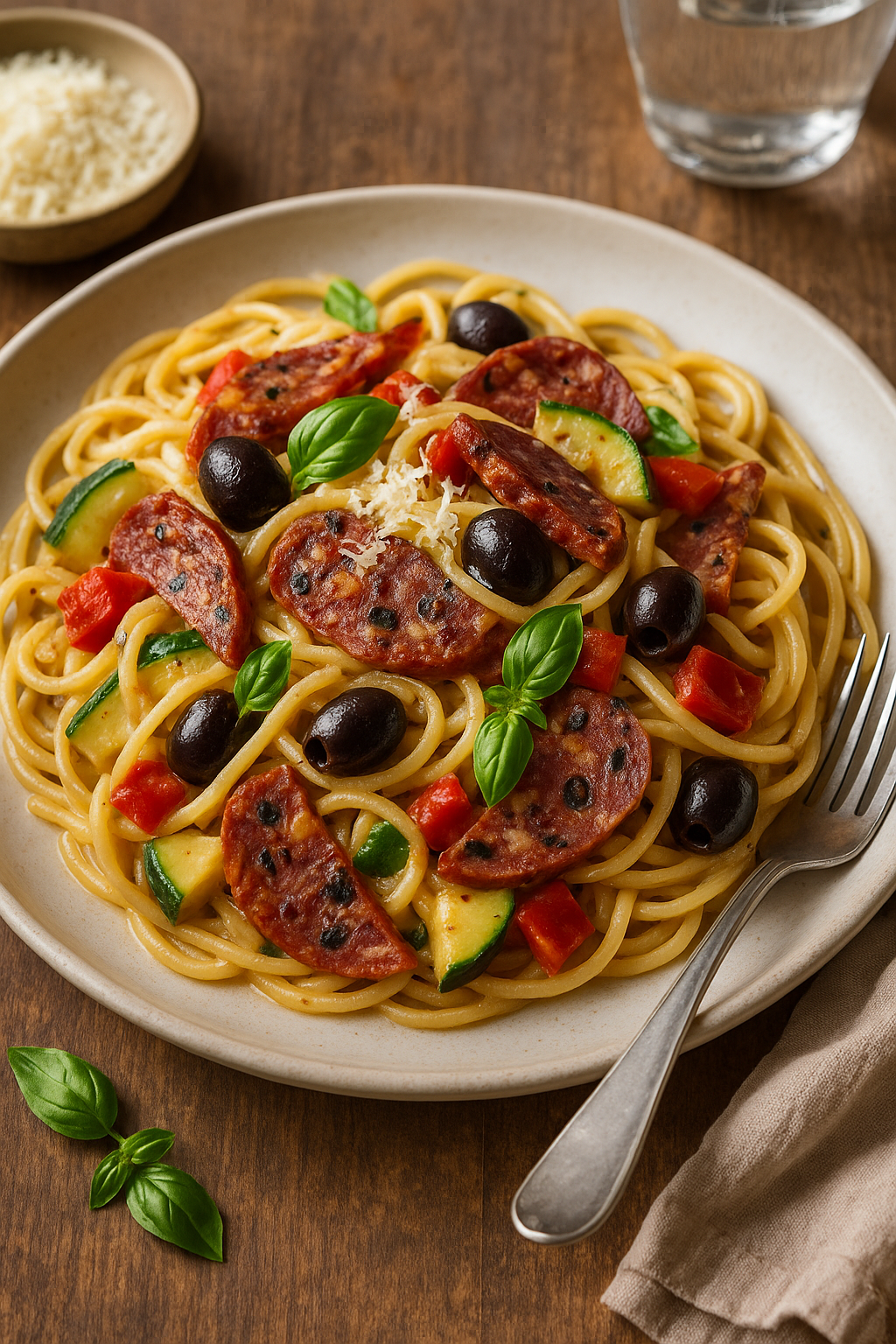Mediterrane Pasta mit Salami, Sonnentomate & schwarzen Oliven